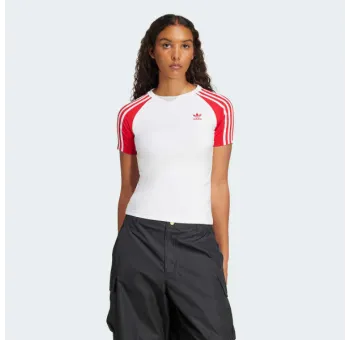 T-shirt ajusté à 3 bandes – Blanc/Rouge